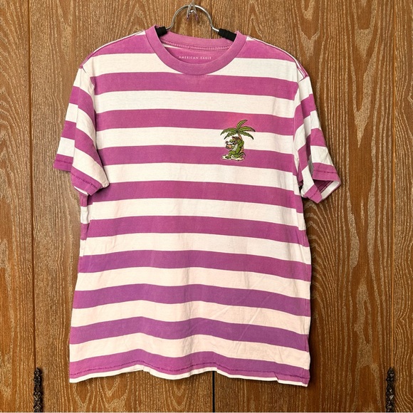 American Eagle Men's Striped Short Sleeve Casual Embroidered Crocodile Shirt Med - Picture 1 of 6